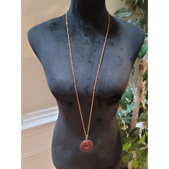 Women's Long Chain Necklace With Brown Donut Pendant And Lobster Clasp Lock - Picture 2 of 5